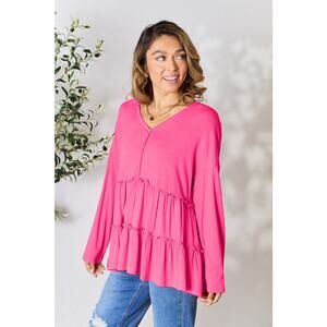 DOUBLE TAKE Pink Button Tiered Long Sleeve Casual Top Women's Size Small NEW